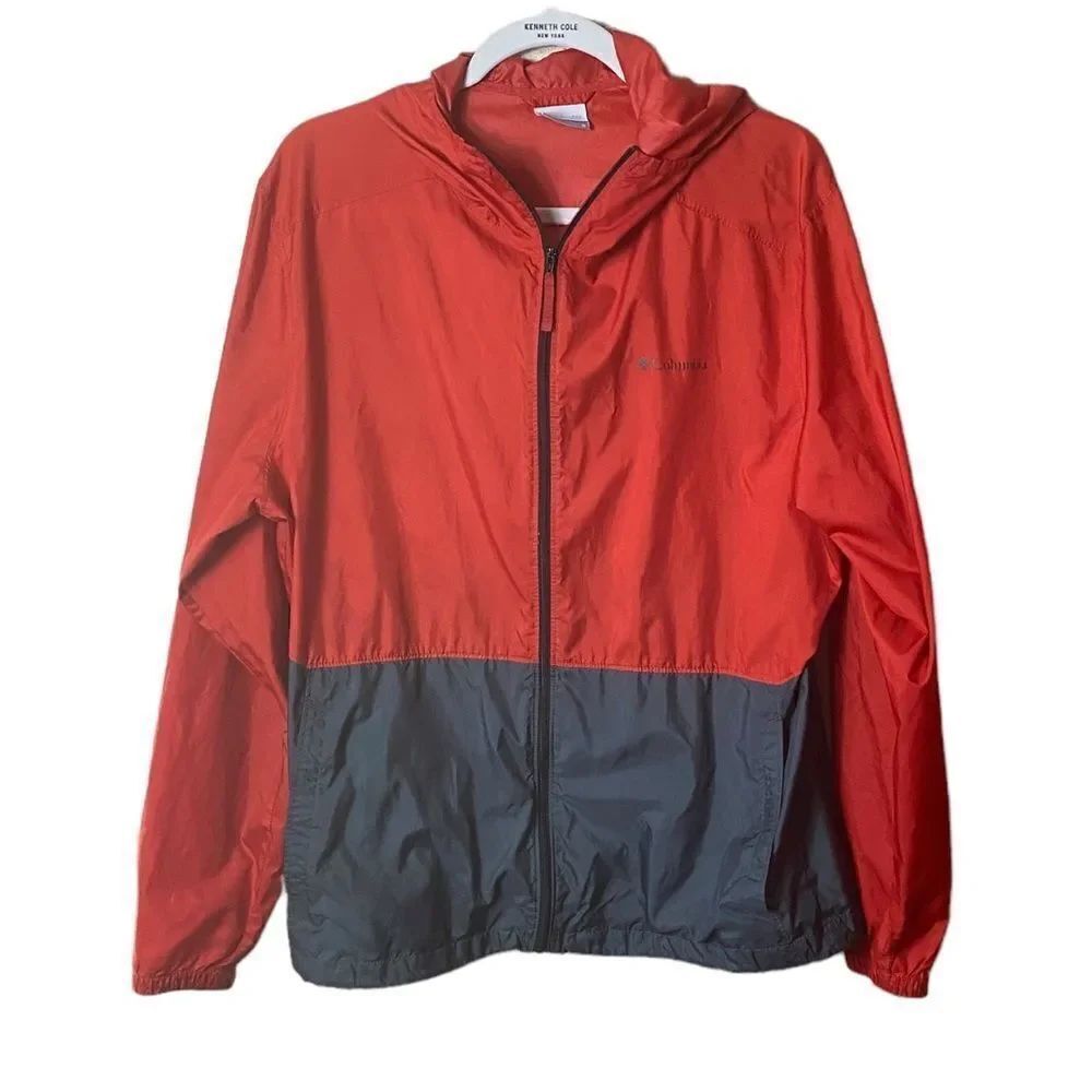 Columbia Men’s Med Red Gray Colorblock Lightweight Full Zip Hooded Rain Jacket